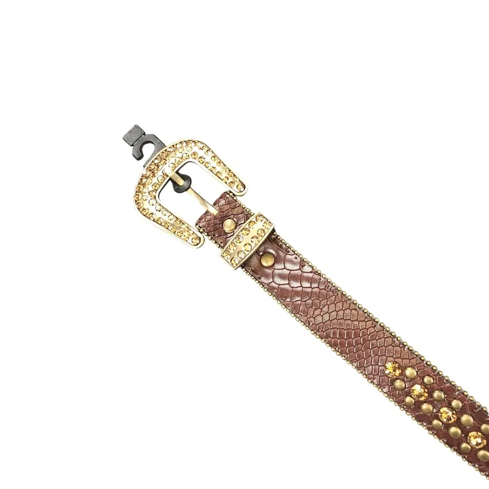 Western Brown Snakeskin Leather Rhinestone Horseshoe Belt Gold Studded CB1006